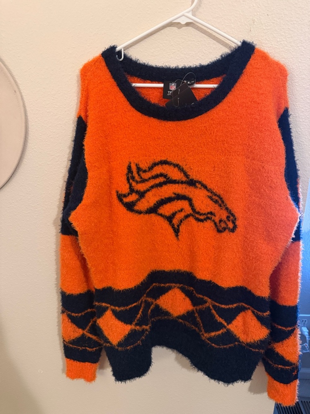 NFL Orange and Navy Fuzzy Crewneck Sweater with Team Logo